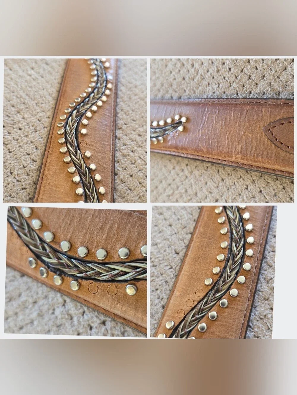 Vintage 1990's 3-D DDD Genuine Leather brown studded Braided Horse Hair Belt - Picture 3 of 16
